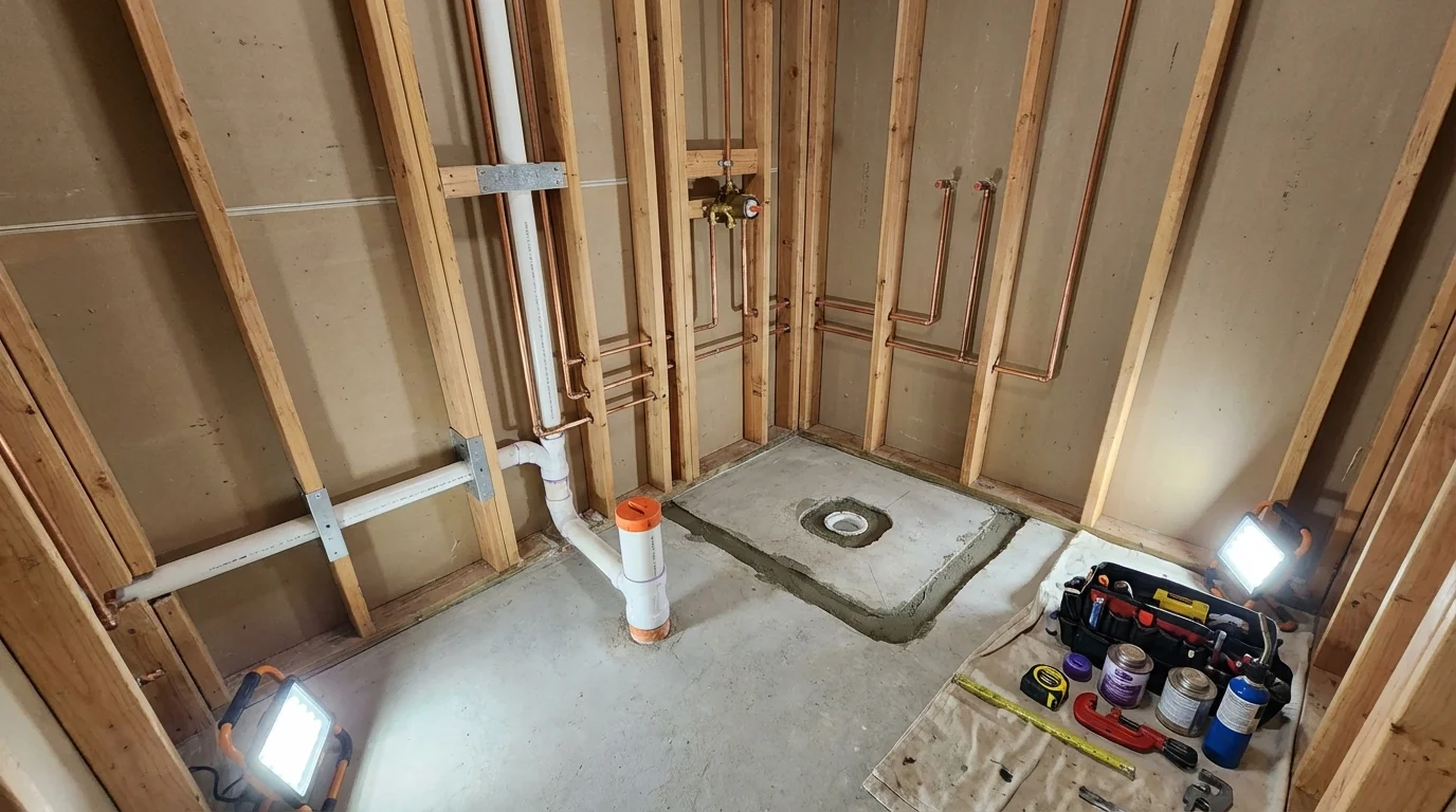 Bathroom rough-in plumbing during remodel by Johns Plumbing LLC in Wichita