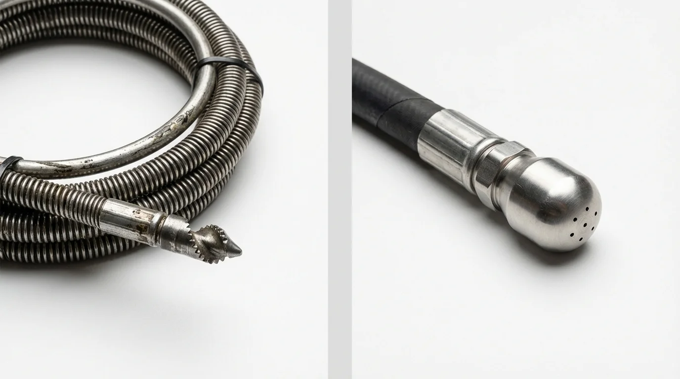 Drain snake cable and hydro jetting nozzle used for drain cleaning in Wichita, KS