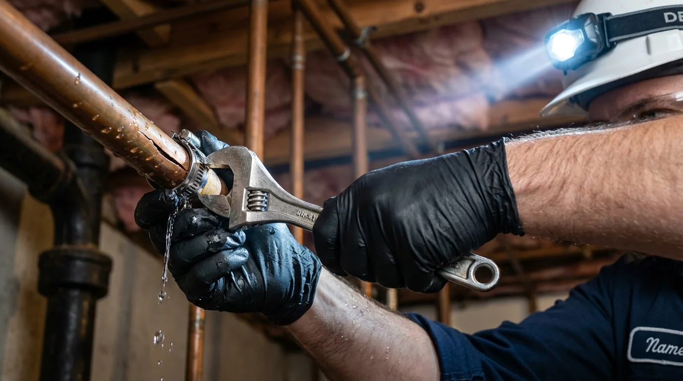Emergency pipe clamp repair being performed by a Johns Plumbing LLC plumber in Wichita