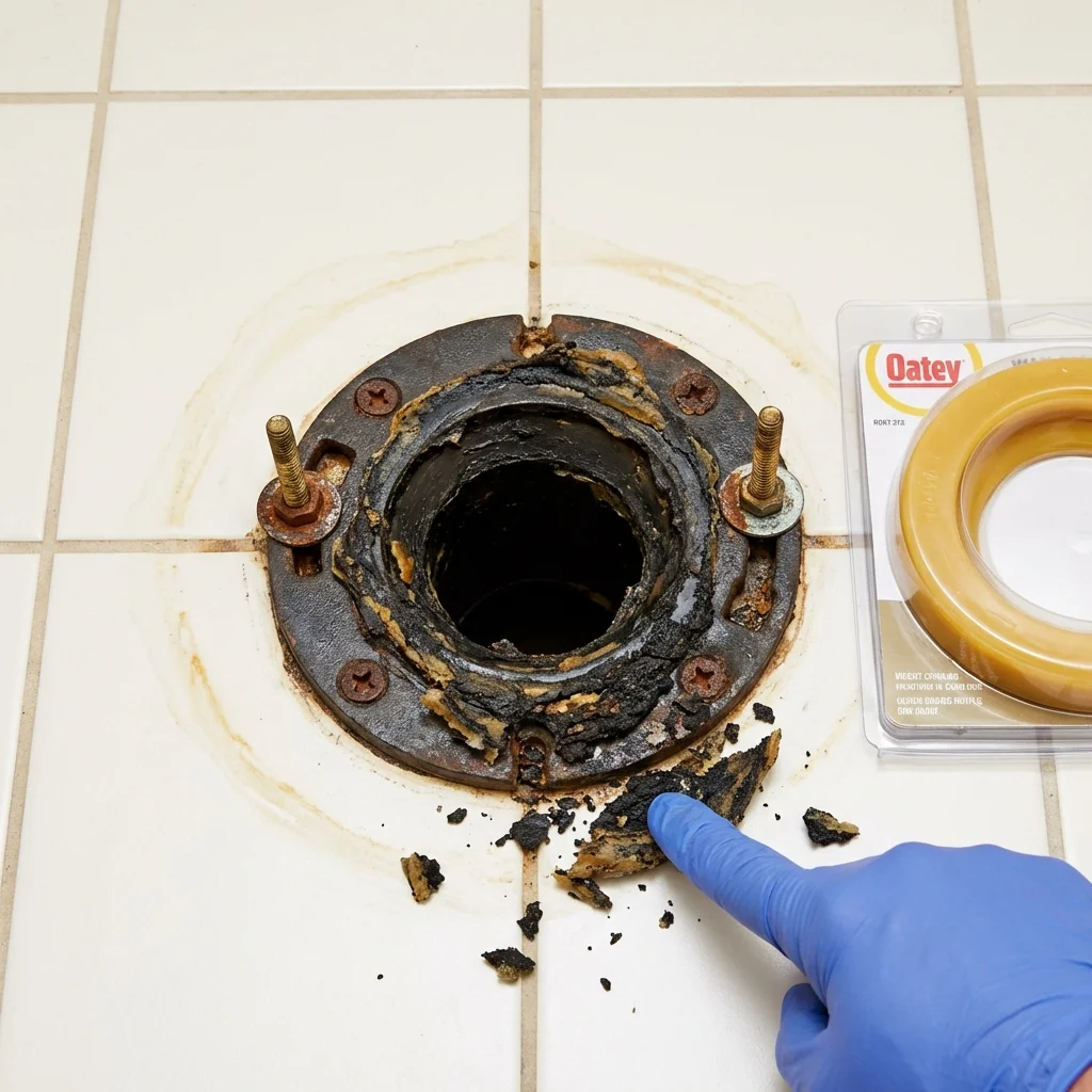Failed wax ring showing water seepage at the base of a toilet in a Wichita, KS home