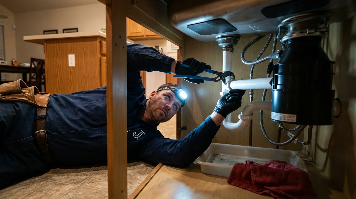 P-trap and supply line connections under a kitchen sink showing a common leak point in Wichita, KS